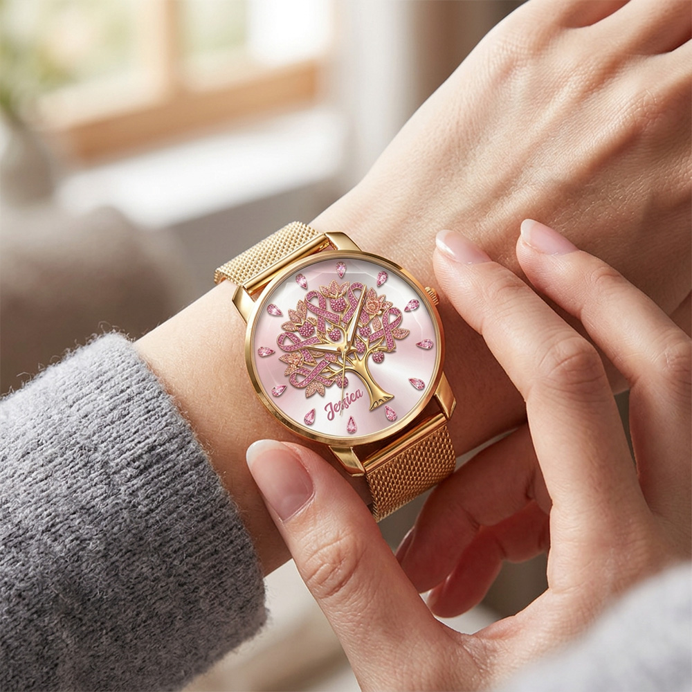 Personalized Tree Of Life Watch Elegant Gold Mesh Strap Ladies Wristwatch Custom Name Gift For Breast Cancer Warrior