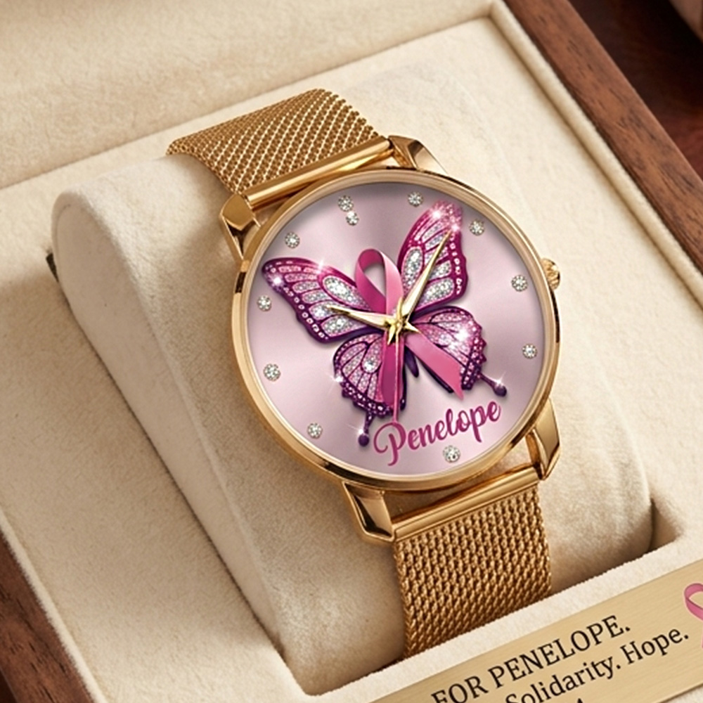 Personalized Breast Cancer Awareness Butterfly Watch Mesh Strap Pink R