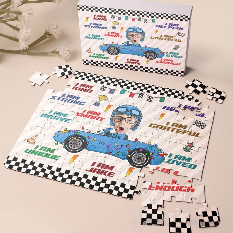 Personalized Cool Race Car Theme Custom Name Photo Print Motivational Quote Jigsaw Puzzle