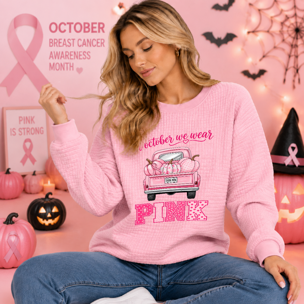Women's Cute Pink Truck Pumpkin Waffle Knit Sweatshirt, Cartoon Fall Graphic Pullover, Casual Autumn Long-Sleeve Top