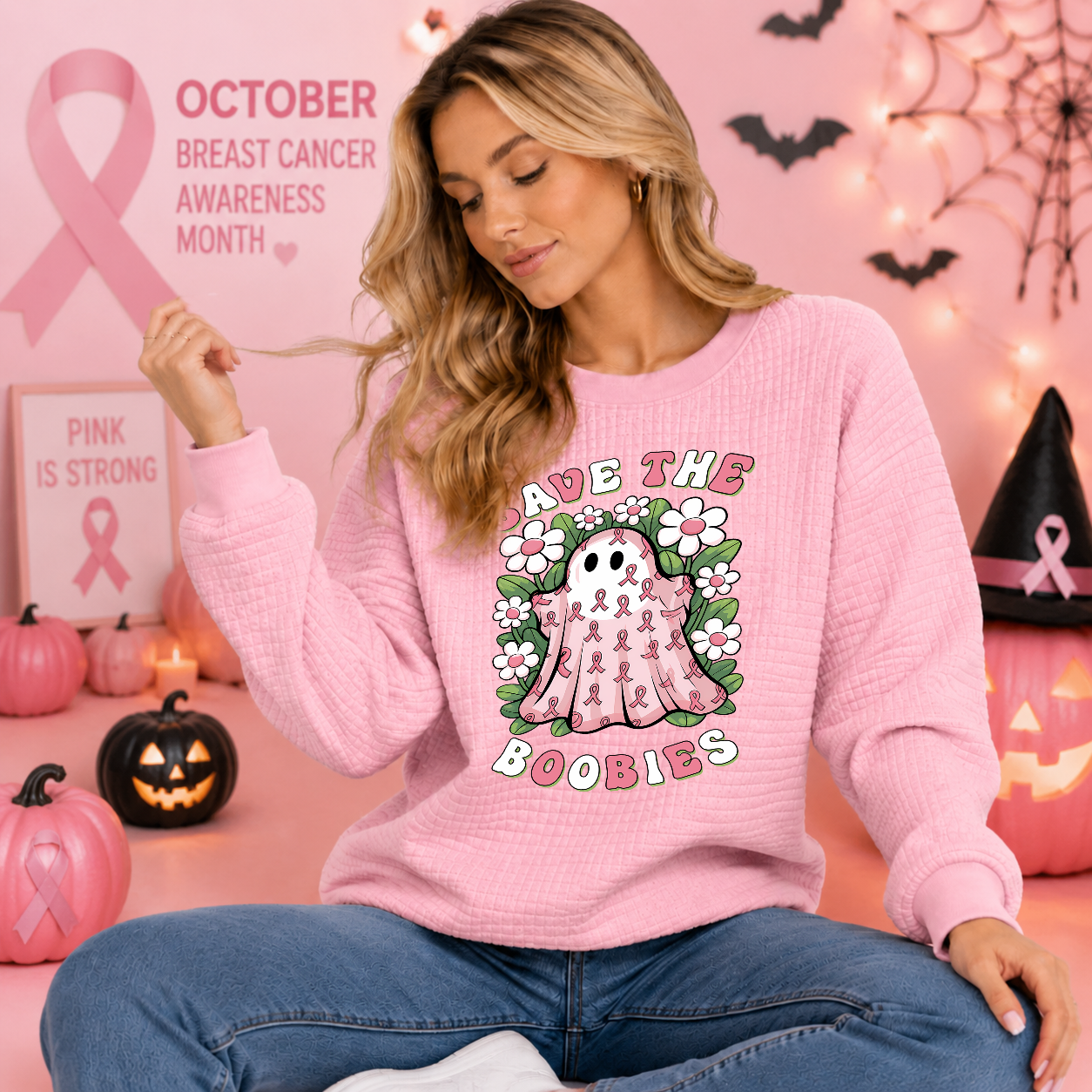 Women's Cute Cartoon Ghost Pink Ribbon Waffle Knit Sweatshirt, Halloween Flower Graphic Pullover, Breast Cancer Awareness Casual Long-Sleeve Top