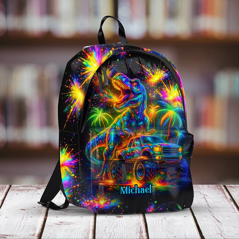 Personalized Unique T Rex Theme Custom Name Colorful Galaxy Adventure Kids School Backpack