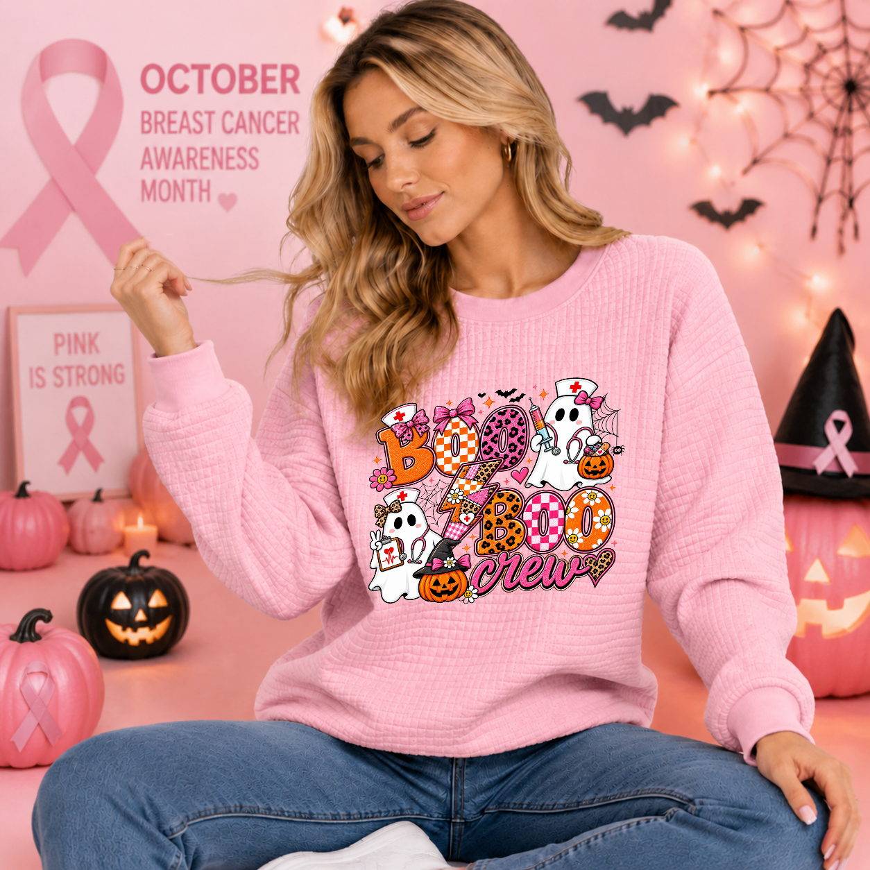 Women's Waffle-Knit Long-Sleeve Pullover, Playful Cartoon Nurse Ghost & Pumpkin Halloween Graphic Sweatshirt, Casual Autumn Wear