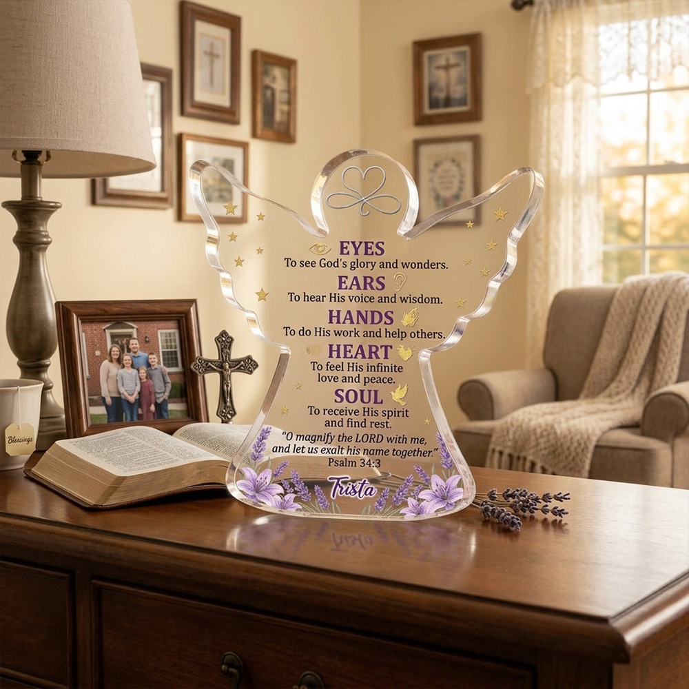 Personalized Christian Angel Acrylic Plaque Eyes Ears Hands Heart Soul Scripture Gift Inspirational Bible Verse Spiritual Encouragement Home Decor