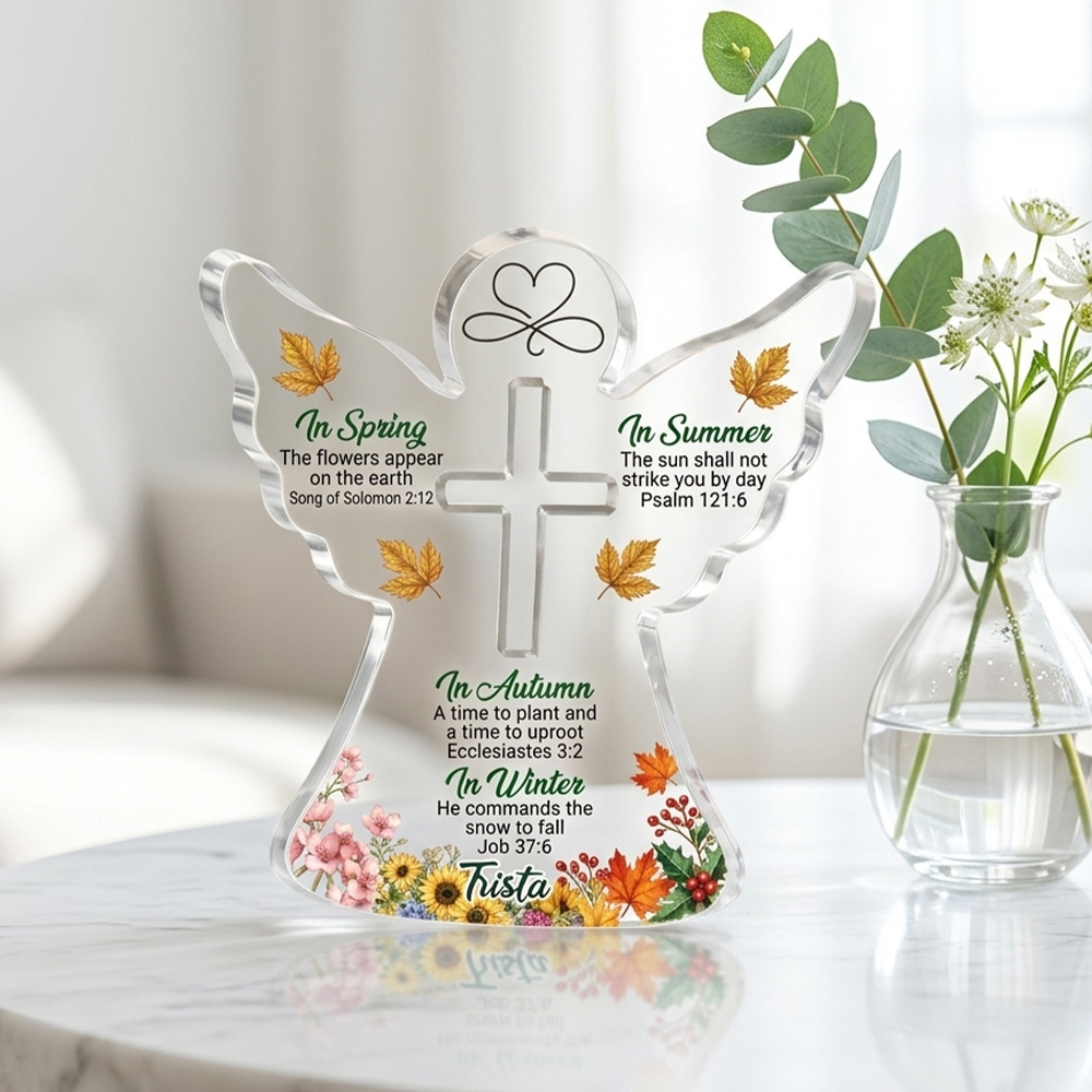 Personalized Christian Angel Acrylic Plaque Four Seasons Scripture Cross Spring Summer Autumn Winter Bible Verse Inspirational Faith Gift Home Decor