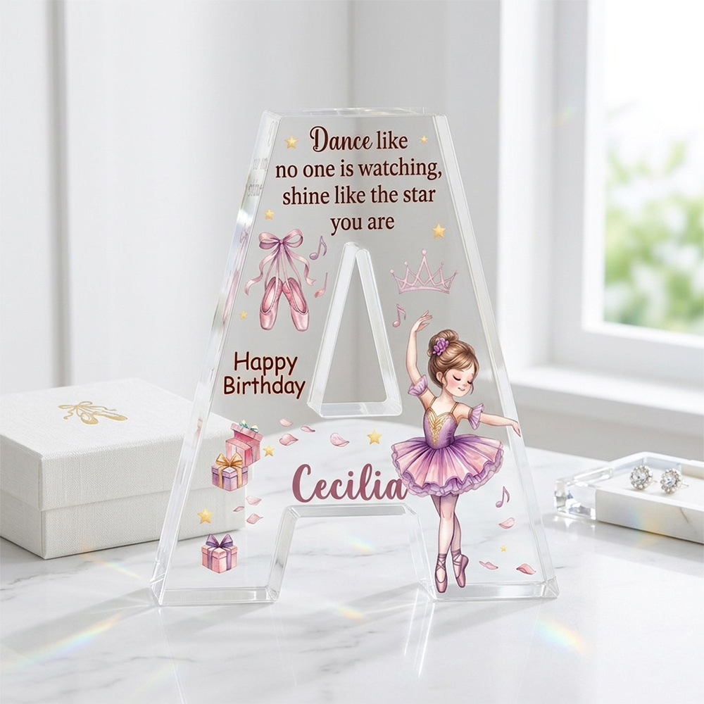 Personalized Ballerina Initial Acrylic Plaque Cute Pink Dance Girl Happy Birthday Gift For Daughter Kids Room Nursery Keepsake Decor