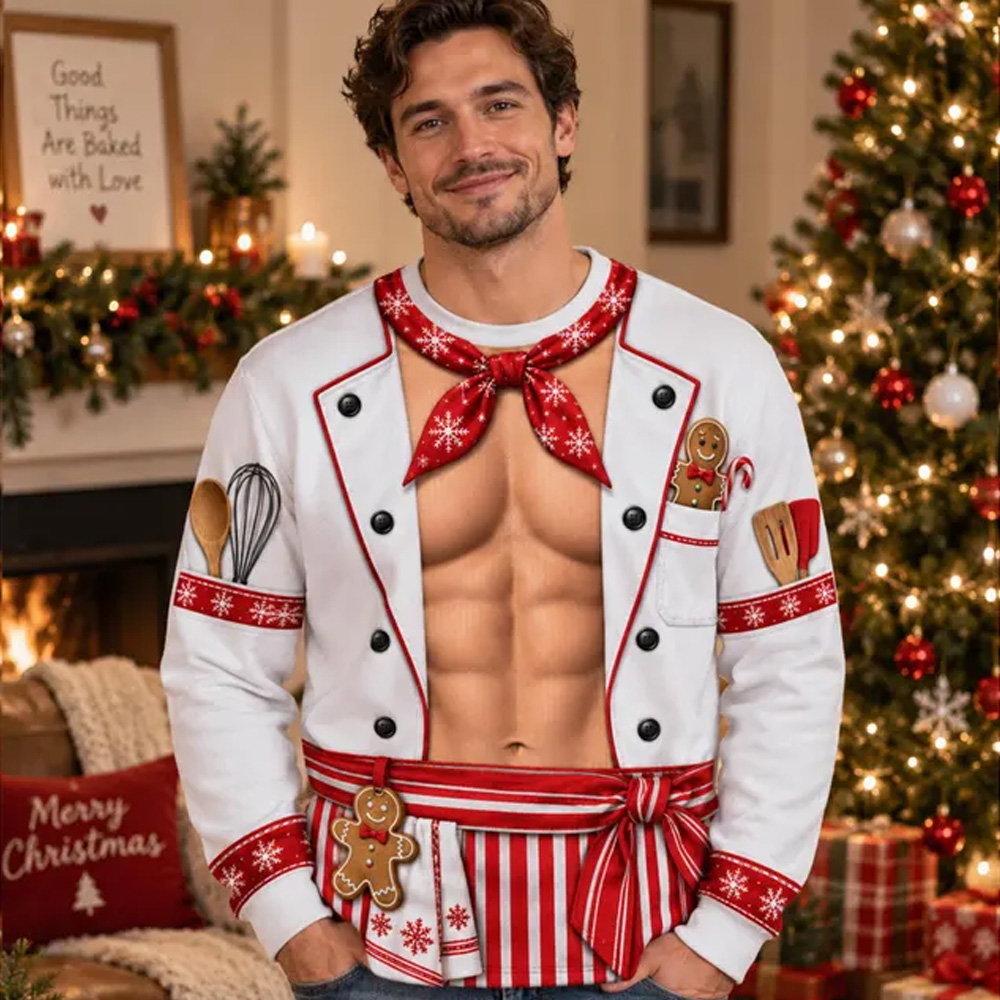 Personalized Christmas Muscular Chef Apron Funny Gingerbread Baking Costume Sexy Holiday Kitchen Gift For Men Couples Ugly Sweater