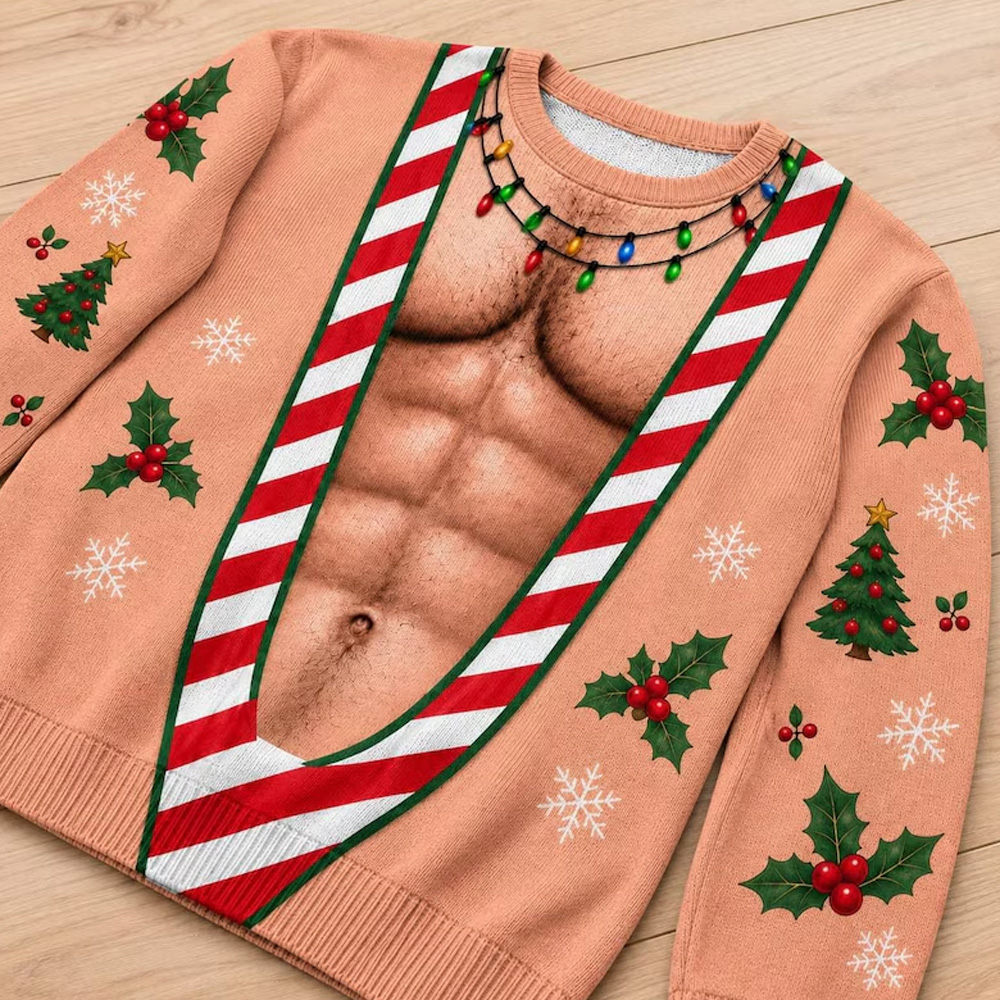Personalized Christmas Muscular Long Sleeve Shirt Funny Holiday Muscle Print Top Ugly Sweater Style Gift For Men Family Party Ugly Sweater