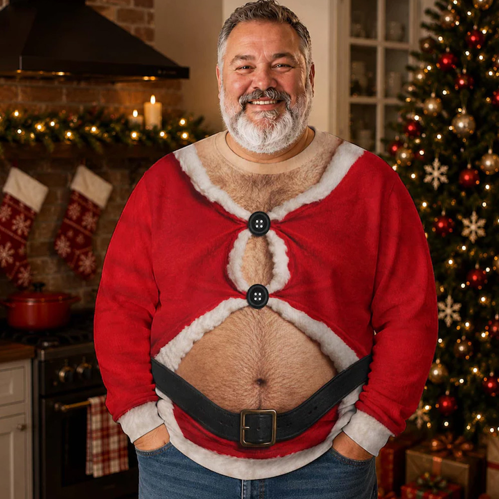 Personalized Funny Santa Belly Sweater Hairy Torso Print Christmas Ugly Sweater Style Holiday Party Outfit Gift For Men 