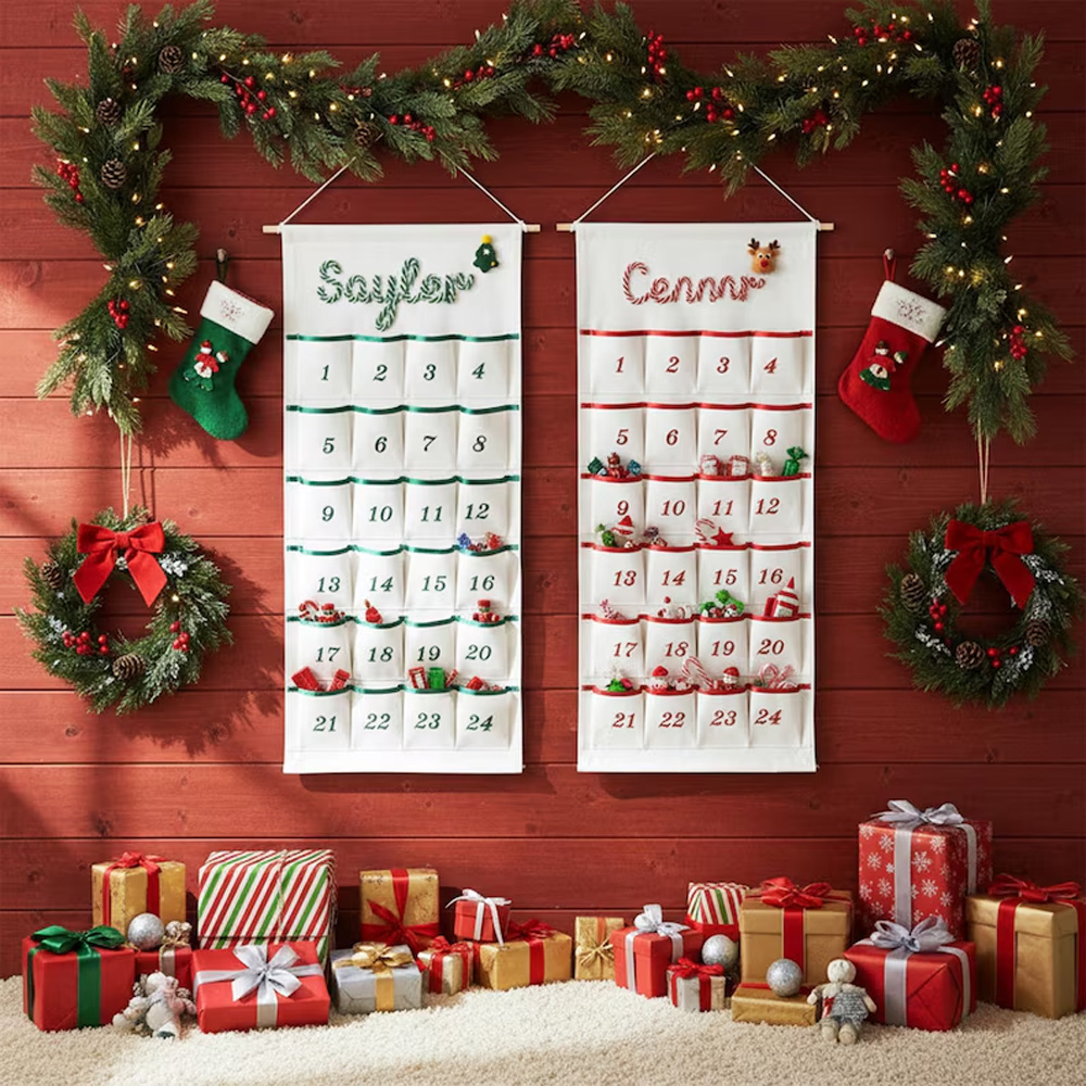 Personalized Handmade Name Yarn Name Christmas Hanging Advent Calendar Family Tradition Reusable Christmas Advent Calendar with 24 Large Pockets