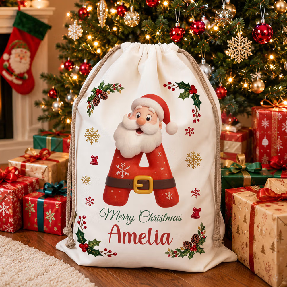 Personalized Merry Christmas Santa Claus Canvas Drawstring Gift Bag with Name and Initial Christmas Eve Gift for Kids