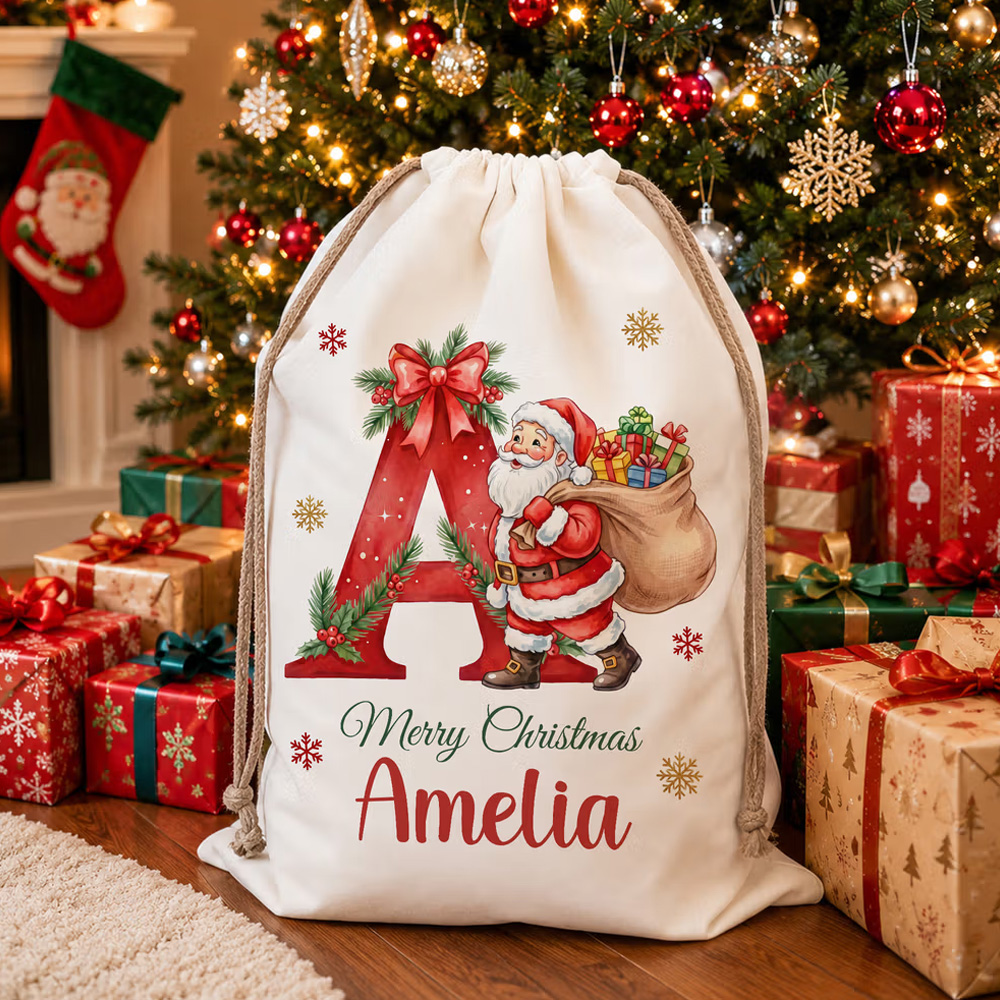 Personalized Merry Christmas Santa Claus Canvas Drawstring Gift Bag with Name and Initial Christmas Eve Party Gift for Kids