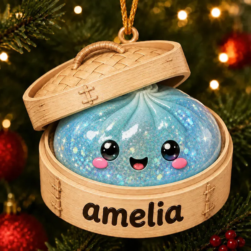 Personalized Kawaii Glitter Dumpling Christmas Ornament Cute Squishy Bao Custom Name Rainbow Pastel Kids Holiday Tree Decoration 