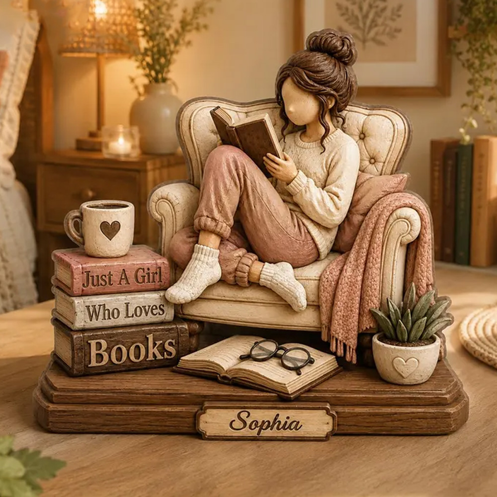 Personalized Cozy Book Lover Figurine Girl Reading On Chair Custom Name 3D Printed Sculpture Unique Gift For Readers Friends Bedroom Decor
