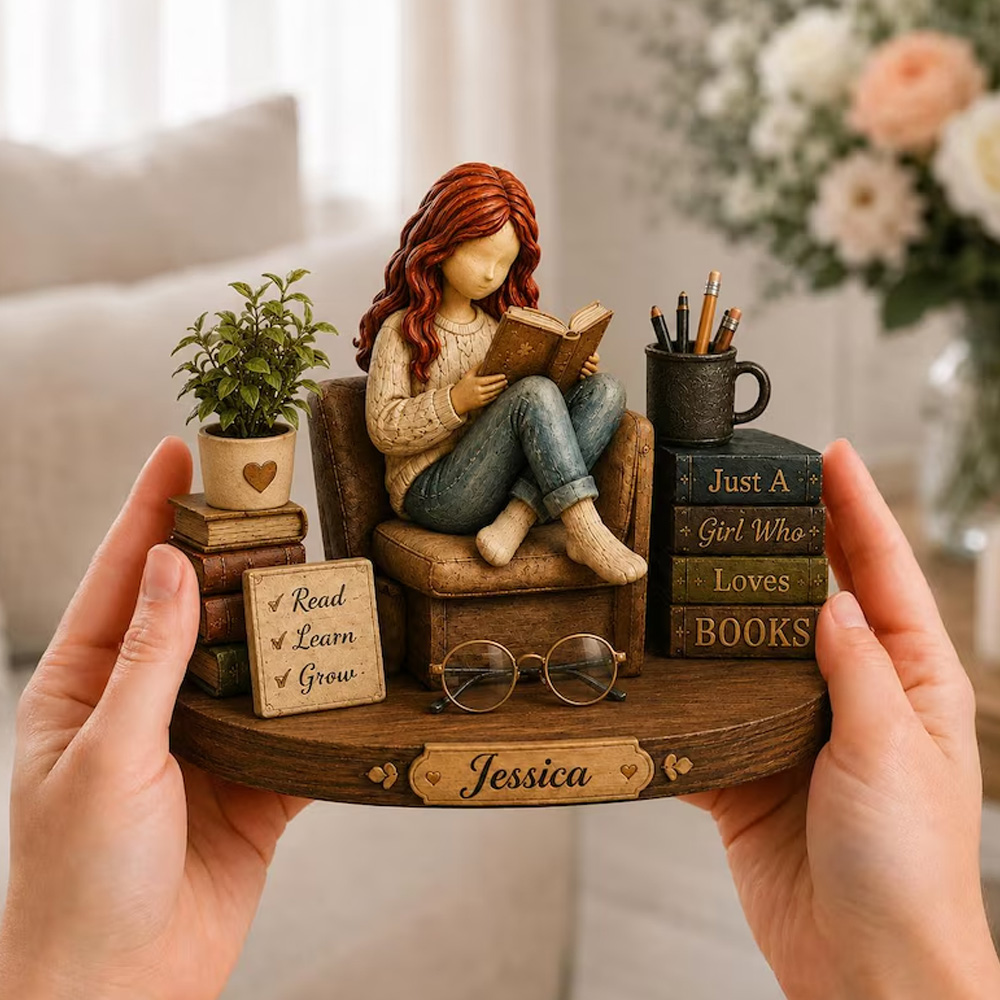 Personalized Book Lover Figurine Girl Reading On Chair Custom Name Gift For Readers Cozy Bedroom Desk Shelf Home Decor Ornament