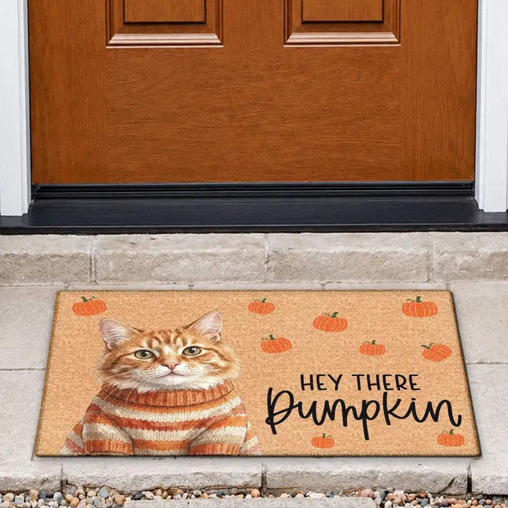 Personalized Doormat Photo Watercolor Pet With Autumn Accessories Hey There Pumpkin