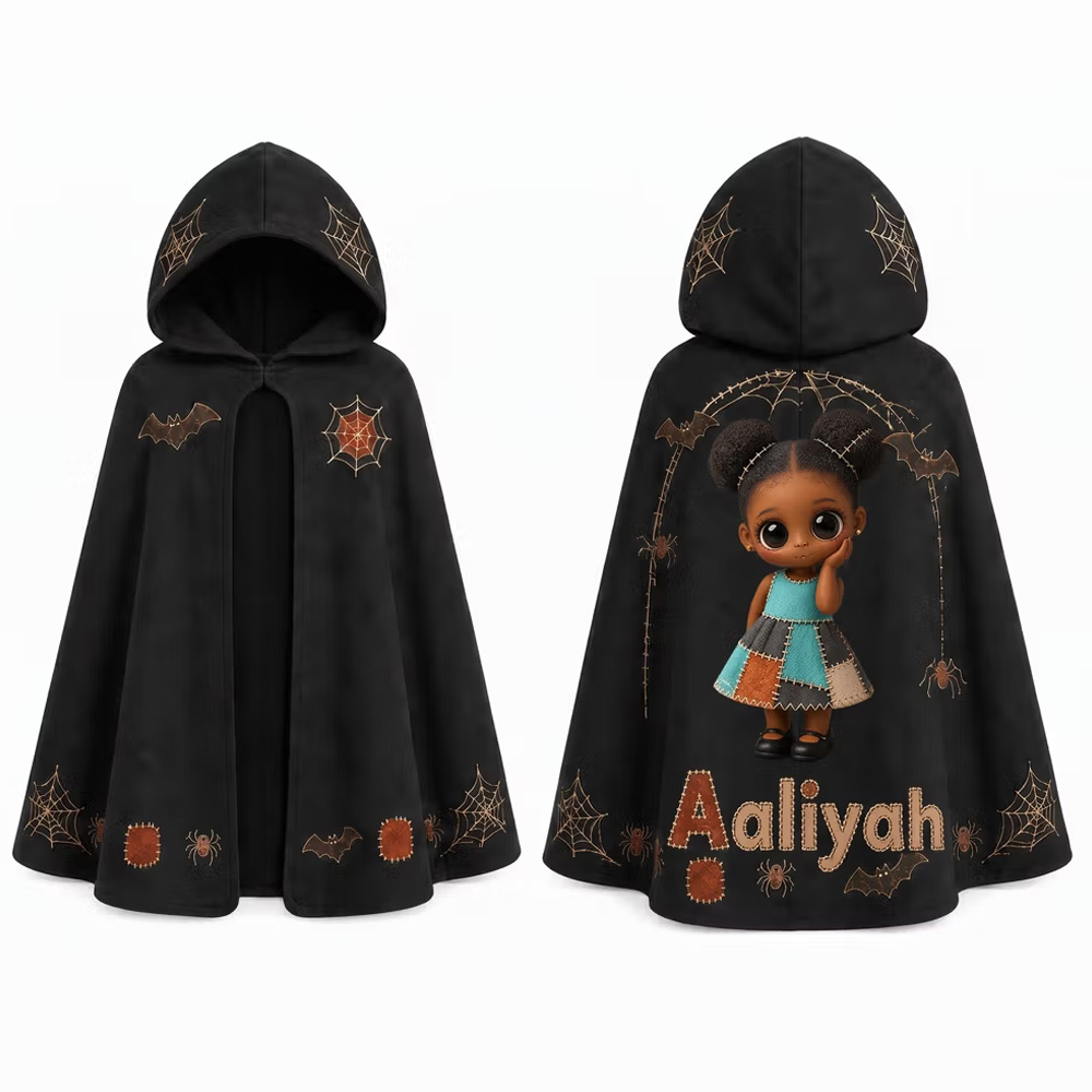 Personalized Kids Halloween Hooded Cloak with Custom Name Photo Patchwork Cartoon Boy Cape Trick or Treat Party Costume for Toddlers Boys Girls