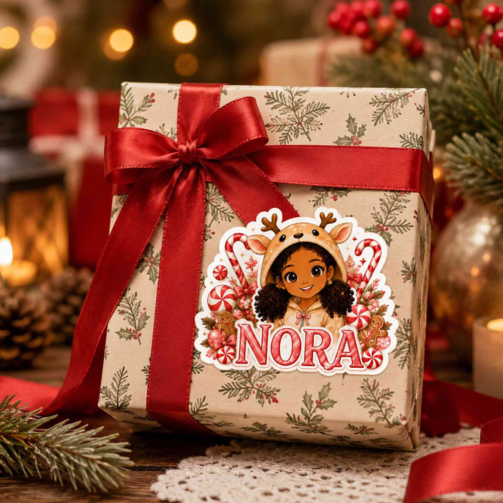 Personalized Reindeer Girl Christmas-Themed Gift Labels with Name, Waterproof Stickers for Gift Decor, Party Favors Christmas Gifts for Her Family