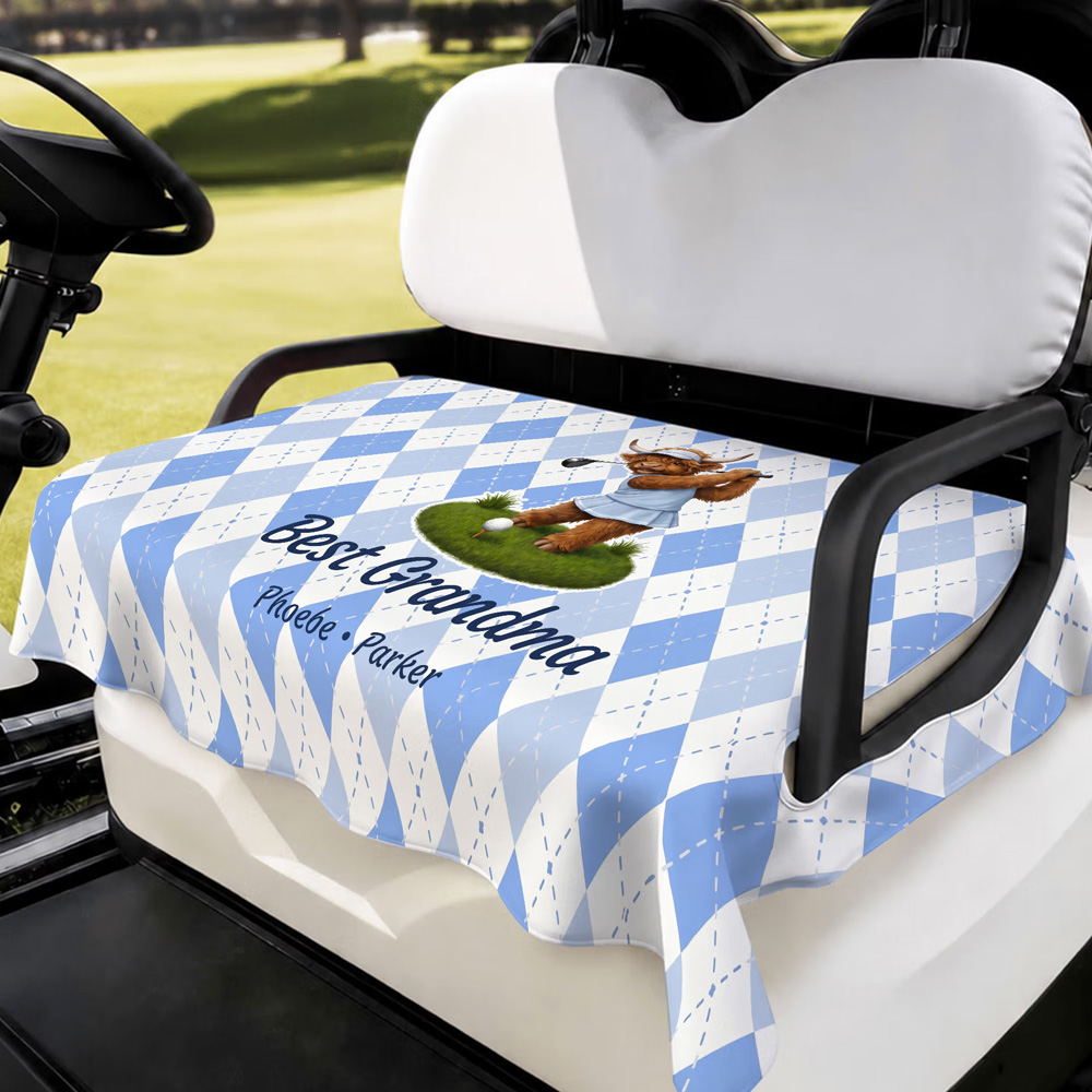 Personalized Names Cartoon Animal Diamond Grid Breathable Golf Cart Seat Cover Golf Cart Accessories Birthday Gift for Mom Dad Family Golf Lovers