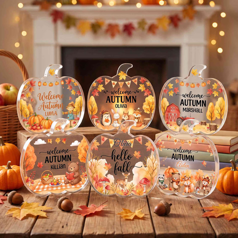 Personalized Name Welcome Autumn Cartoon Animals Pumpkin Shaped Acrylic Plaque Freestanding Fall Decoration Thanksgiving Day Birthday Gift for Kids