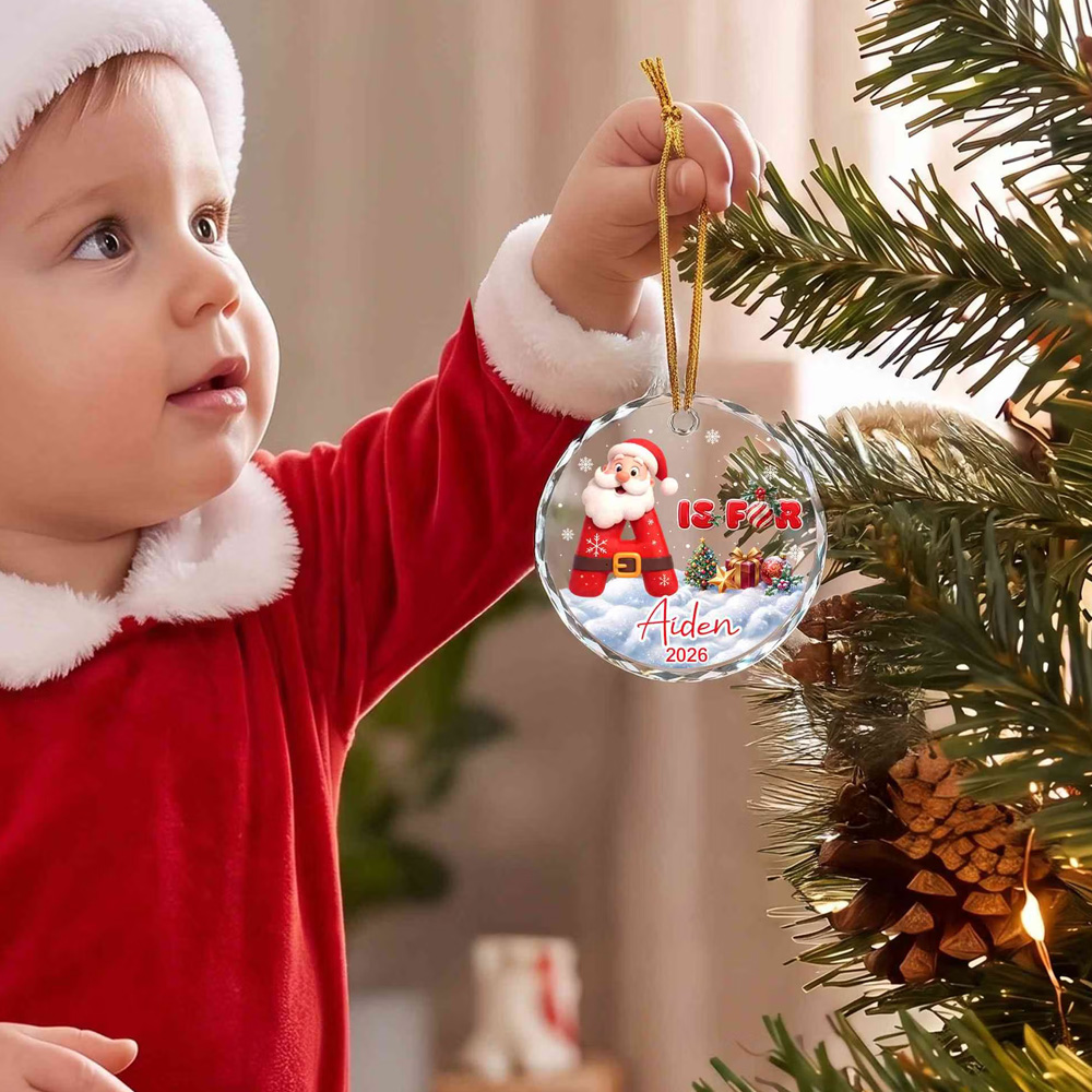 Personalized Santa Claus Alphabet Christmas Ornament with Name Year Glass Holiday Tree Hanging Decor Christmas Gift for Kids and Family
