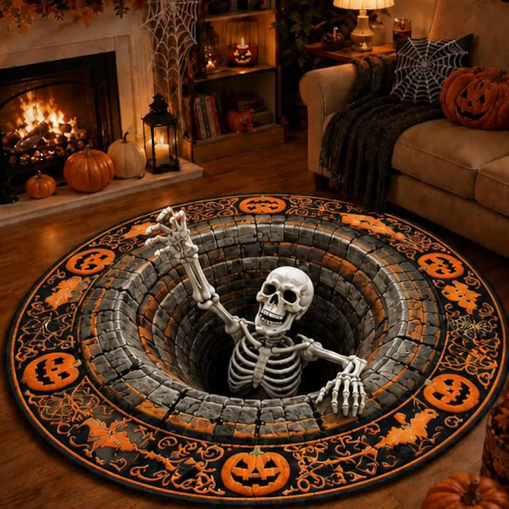 Personalized Halloween Skeleton Rug 3D Hole Illusion Round Floor Mat Spooky Pumpkin Bat Decor For Home Living Room Entry Party