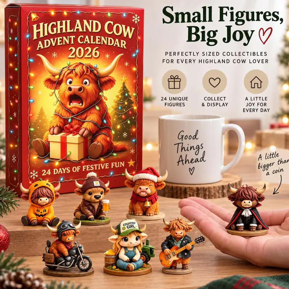 Highland Cow Advent Calendar 2026 24 Days Christmas Countdown 3D Collectible Figurines Farmhouse Holiday Decor Gift for Cow Lovers