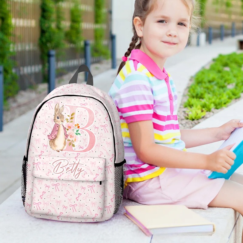 Personalized Peter Rabbit Coquette Bow Flower Initial Large Capacity School Backpack with Name Daily Travel Back to School Birthday Gift for Kids