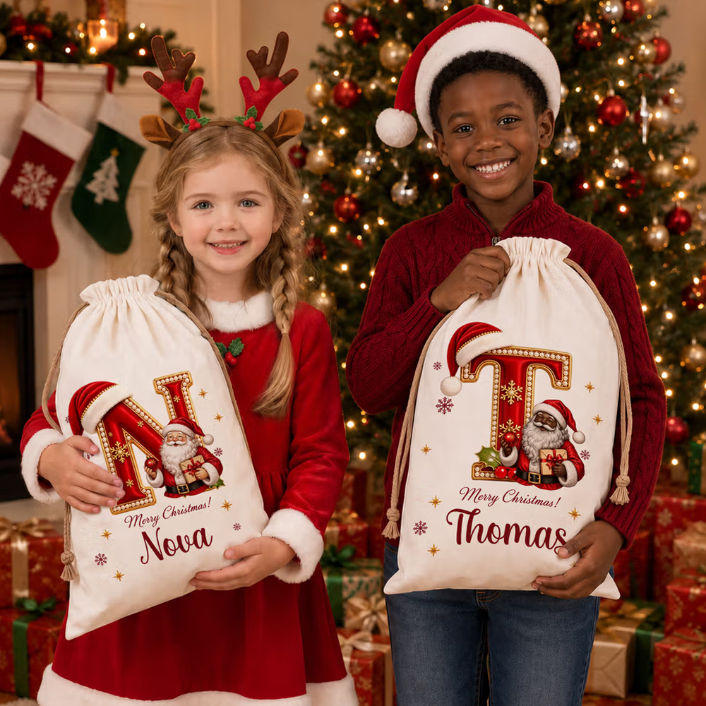 Personalized Merry Christmas Santa Claus Canvas Drawstring Gift Bag with Name and Initial Christmas Eve Party Gift for Kid