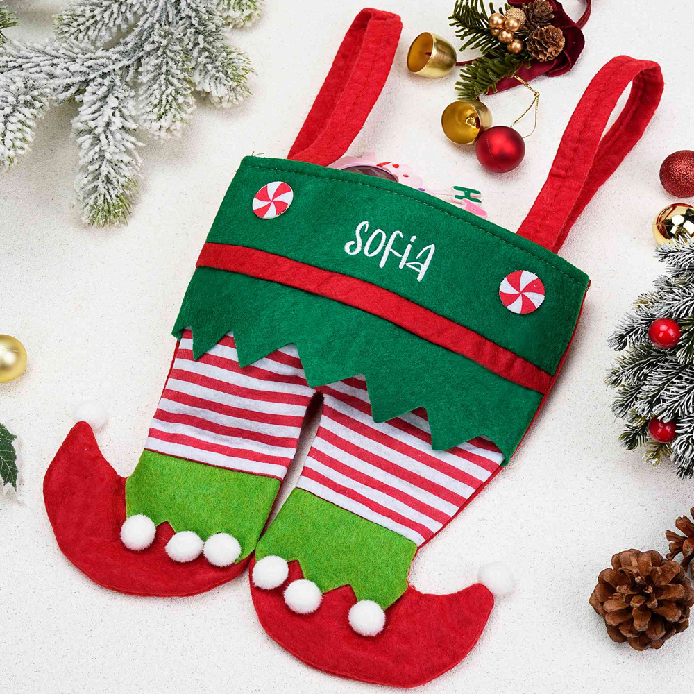 Personalized Name Embroidered Elf Christmas Stocking Festival Fireplace Christmas Tree Hanging Ornament Home Decor Christmas Gift for Family and Kids