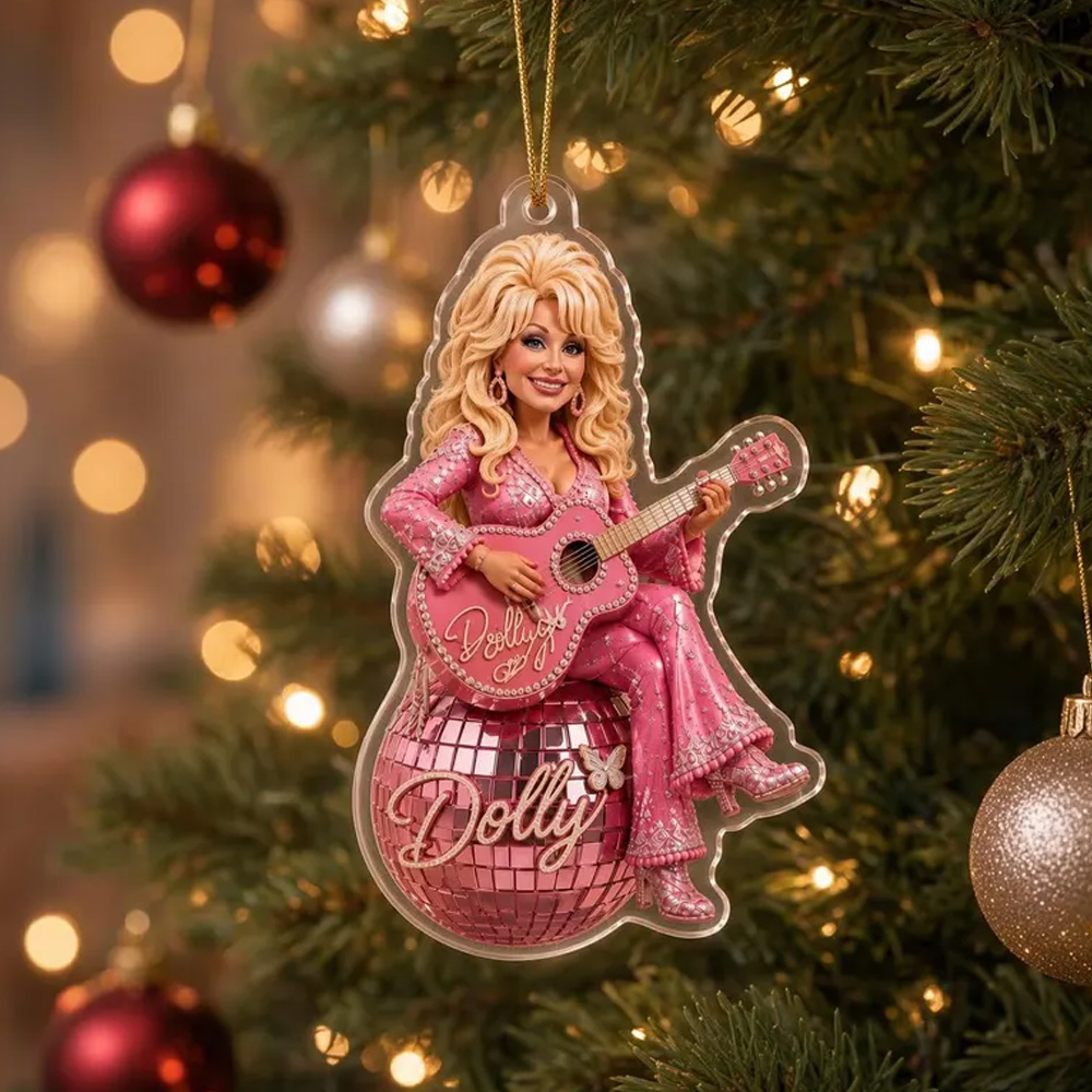 Country Music Christmas Ornament Pink Guitar Girl Glitter Ball Holiday Tree Hanging Decor Gift For Fans