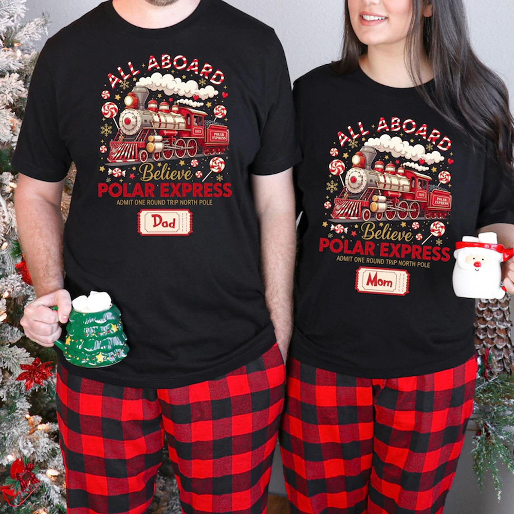Personalized Family Christmas Polar Express Matching Shirt Custom Name Train Print Holiday Sleepwear Mommy Daddy Kids Outfit