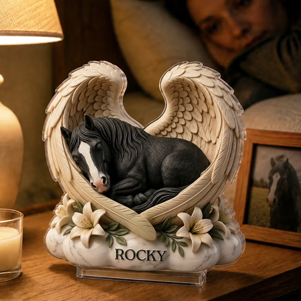 Personalized 3D-Effect Artwork Imitation Clay Angel Wings Horse Photo Acrylic Plaque with Name Desk Decor Memorial Sympathy Gift for Horse Owners