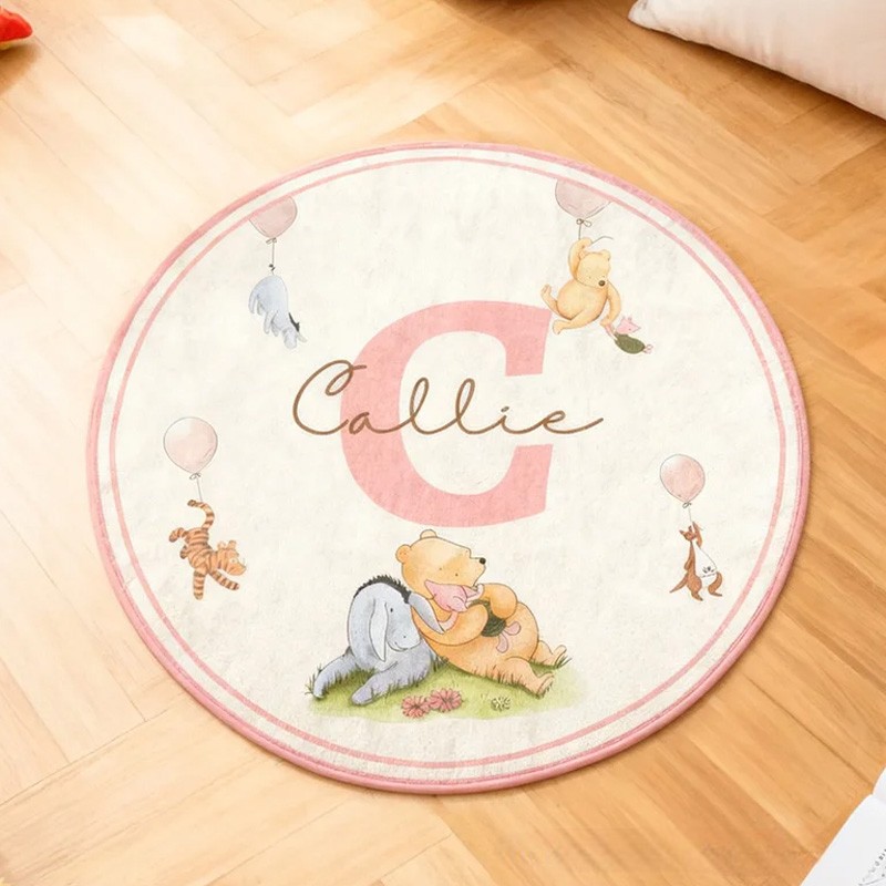 Personalized Classic Winnie the Pooh Initial Round Anti-Slip Coral Fleece Doormat Rug with Name Nursery Decor Baby Shower Birthday Gift for Kids