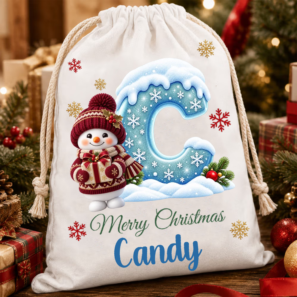 Personalized Kids Christmas Gift Sack Snowman Initial Letter Tote Bag Custom Name Holiday Present Storage For Child Xmas Morning Gifts