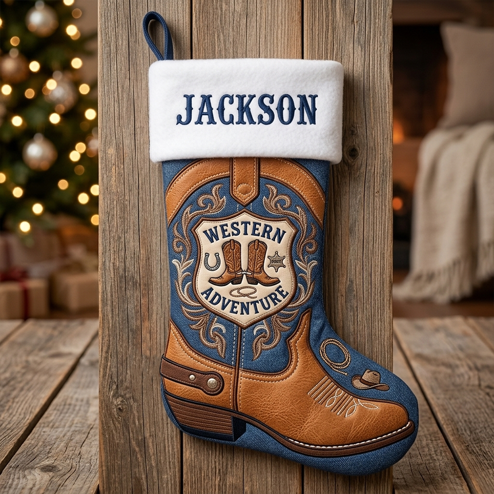 Personalized Western Boot Christmas Stocking Custom Cowboy Name Holiday Stocking Rustic Country Farmhouse Decor For Kids Adults Xmas Gift