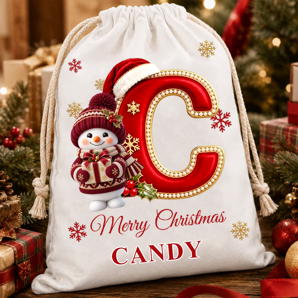 Personalized Initial Christmas Gift Bag Custom Name Santa Sack Large Drawstring Present Bag For Kids Holiday Morning Toy Storage Xmas Tote