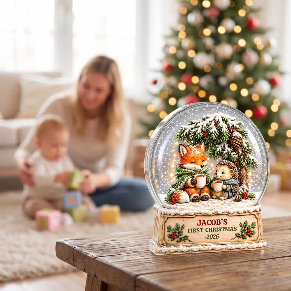 Personalized Artwork Fox Hedgehog Crystal Ball Clear Acrylic Plaque with Name and Year Home Decor Baby's 1st Christmas Gift for New Baby