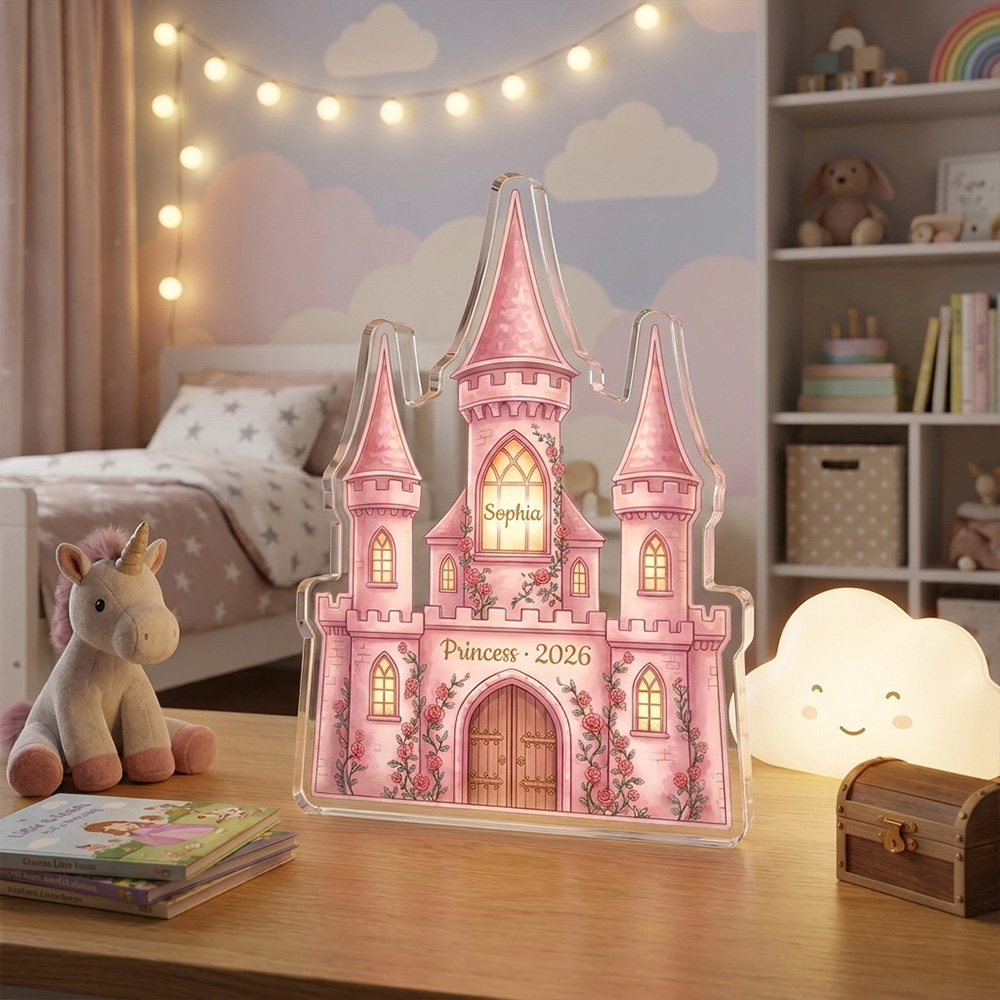 Personalized Princess Castle Acrylic Plaque Custom Name Christmas Palace Gift For Girls Kids Bedroom Nursery Fairy Tale Pink Decor Ornament