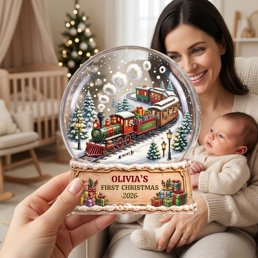 Personalized First Christmas Train Snow Globe Acrylic Plaque Custom Baby Name Year Holiday Keepsake Gift For Newborn Mom Parents Nursery Decor