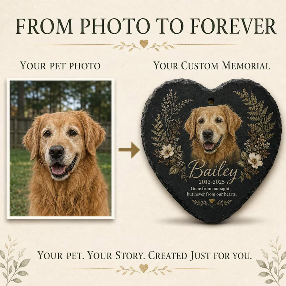 Personalized Black Slate Pet Memorial Plaque with Custom Portrait Heart or Round