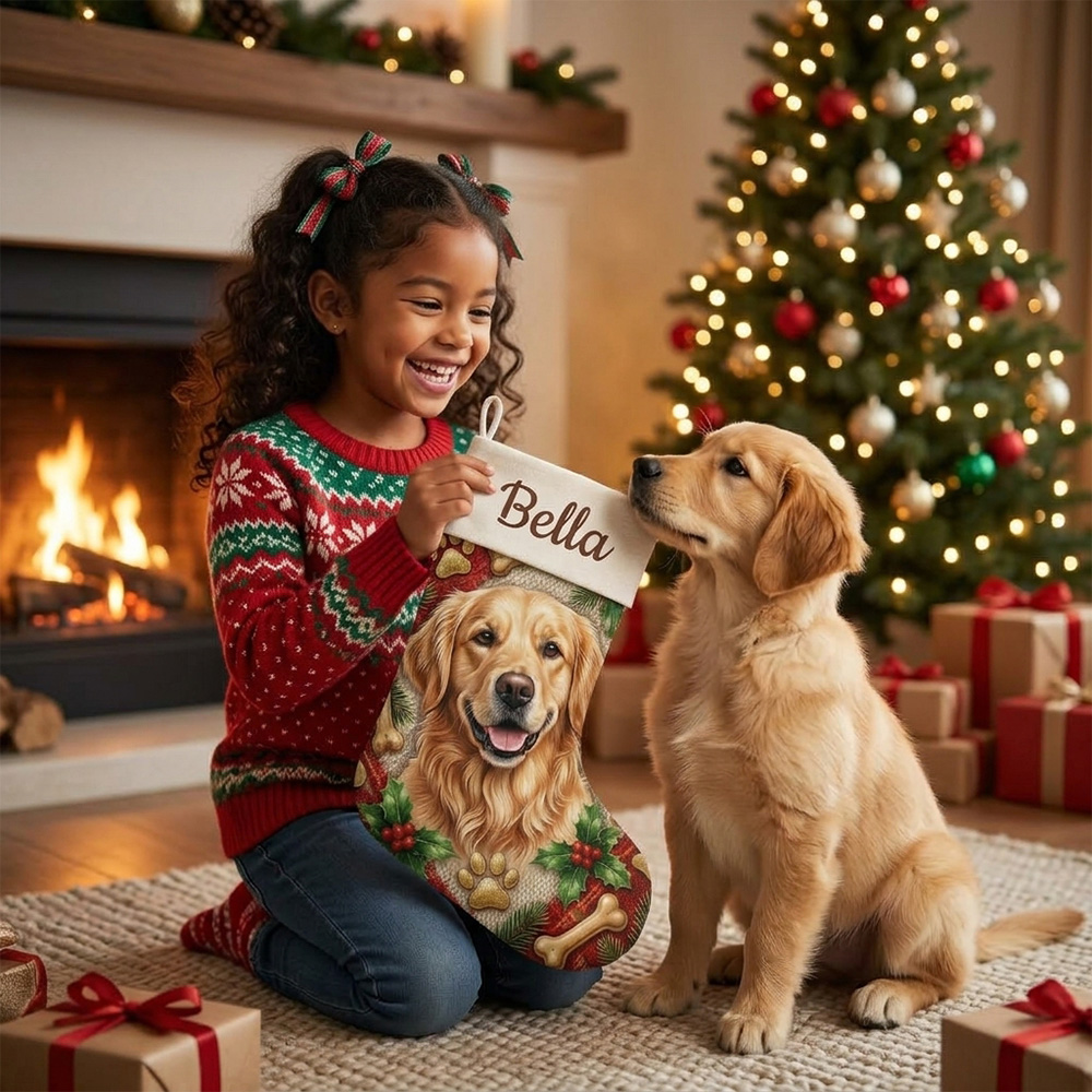 Personalized Pet Christmas Stocking Custom Pet Name Photo Golden Retriever Gift For Dog Lovers Holiday Fireplace Mantel Decoration