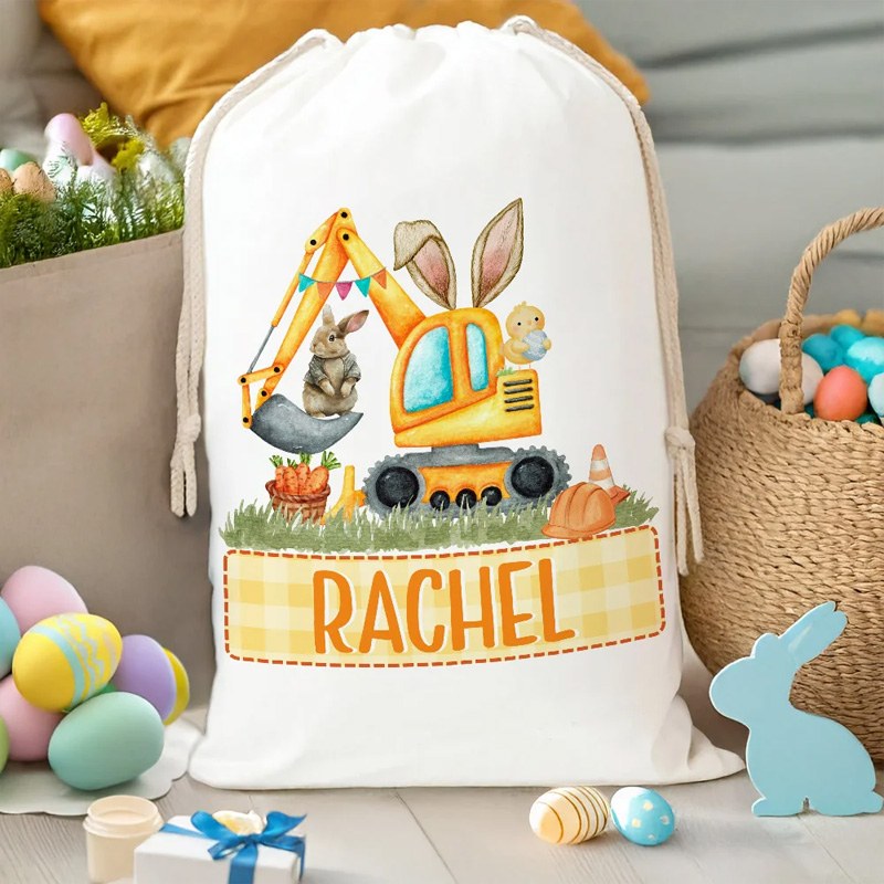 Personalized Cute Bunny Ears Excavator Design Drawstring Treat Bag with Multicolor Name Easter Birthday Party Gifts for Kids