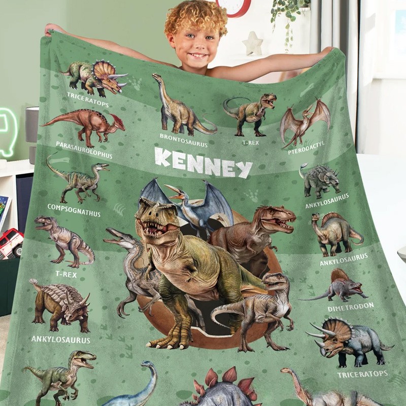 Personalized Dinosaur Themed Multicolor Soft Throw Blanket with Name Home Decor Birthday Gift for Kids Dinosaur Lover