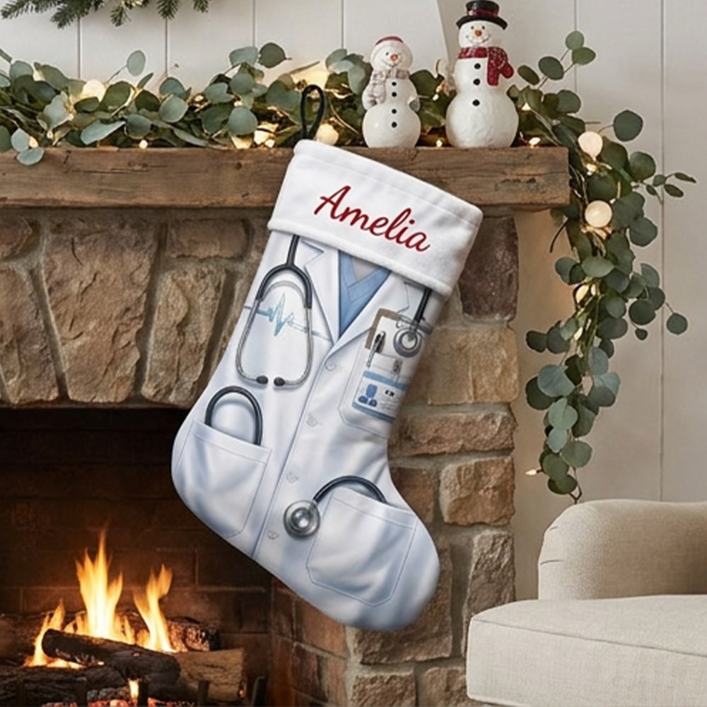 Personalized Nurse Christmas Stocking Custom Name Stethoscope Scrubs Medical Symbols Gift For Mom Worker Holiday Fireplace Mantel Decoration