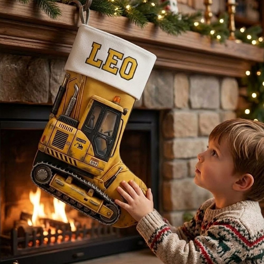 Personalized Construction Christmas Stocking Custom Name Yellow Excavator Truck Gift For Kids Toddler Boys Holiday Fireplace Mantel Decoration
