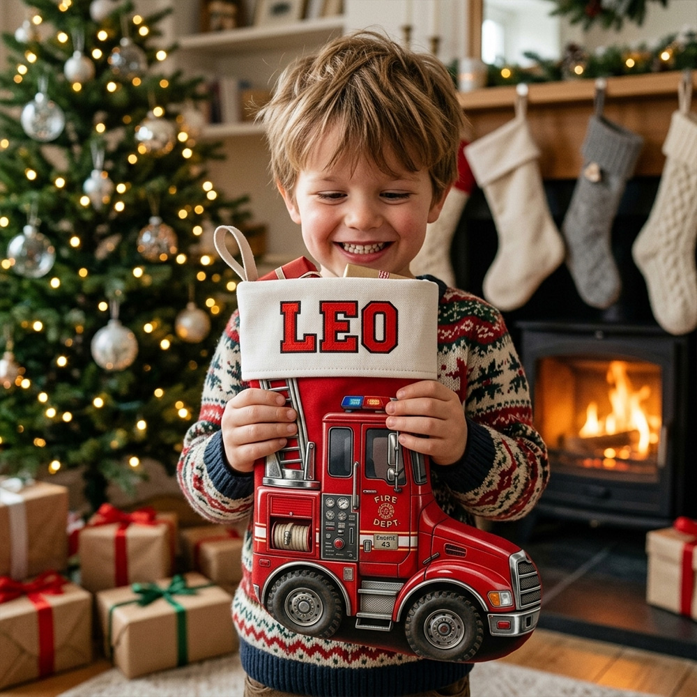Personalized Fire Truck Christmas Stocking Custom Name Red Fire Engine
