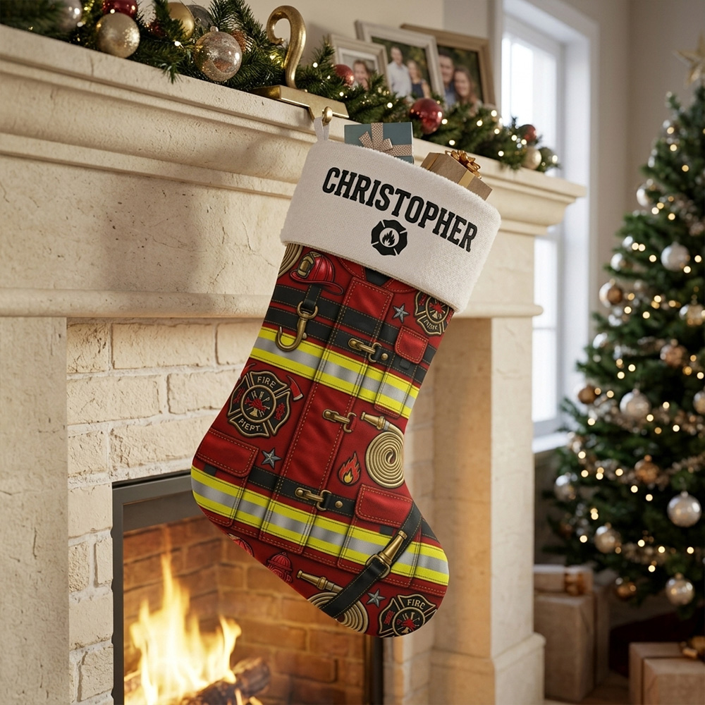 Personalized Firefighter Christmas Stocking Custom Name Fireman Turnout Gear Uniform Gift For Fire Department Hero Holiday Fireplace Mantel Decoration Gift for Dad Grandpa