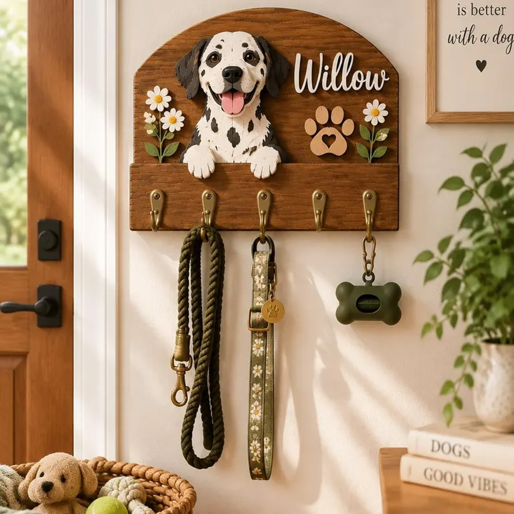 Personalized Dog Leash Holder Custom Pet Name Sign Wooden Leash Hook Dog Mom Gift Pet Wall Decor
