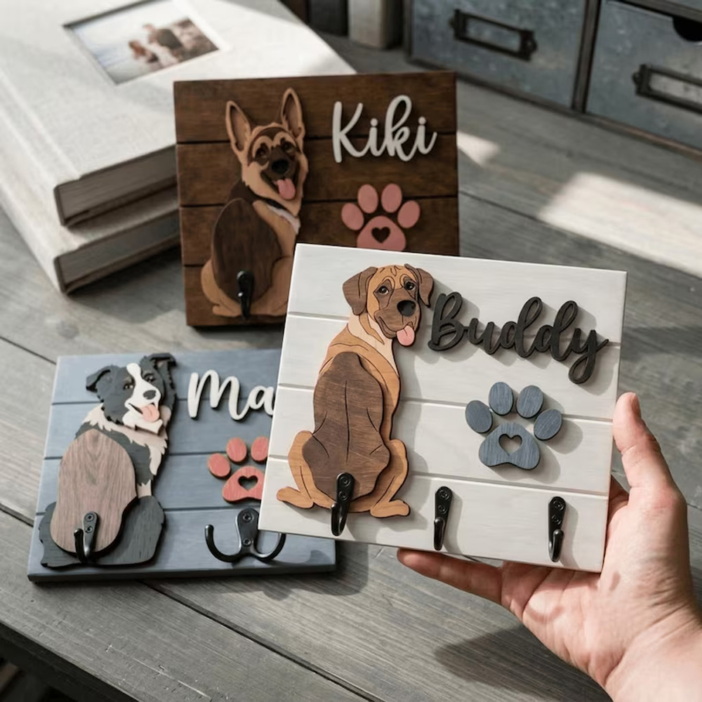 Personalized Dog Leash Holder Custom Dog Name Sign 3D Wooden Pet Leash Hook Shiplap Dog Key Rack Gift for Dog Lover Dog Mom Gift